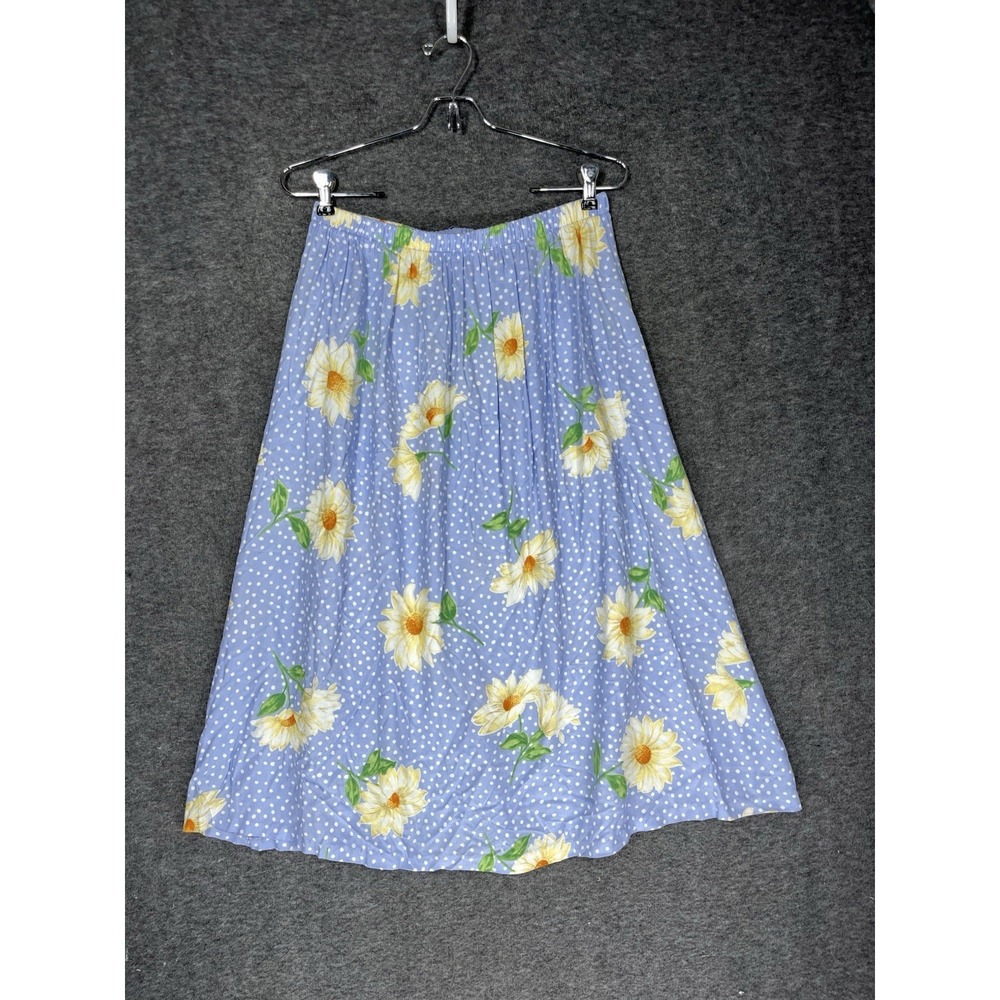 Vintage Nikki A-line Midi Skirt Blue Floral Polka Dots Size L Cottagecore Fairy